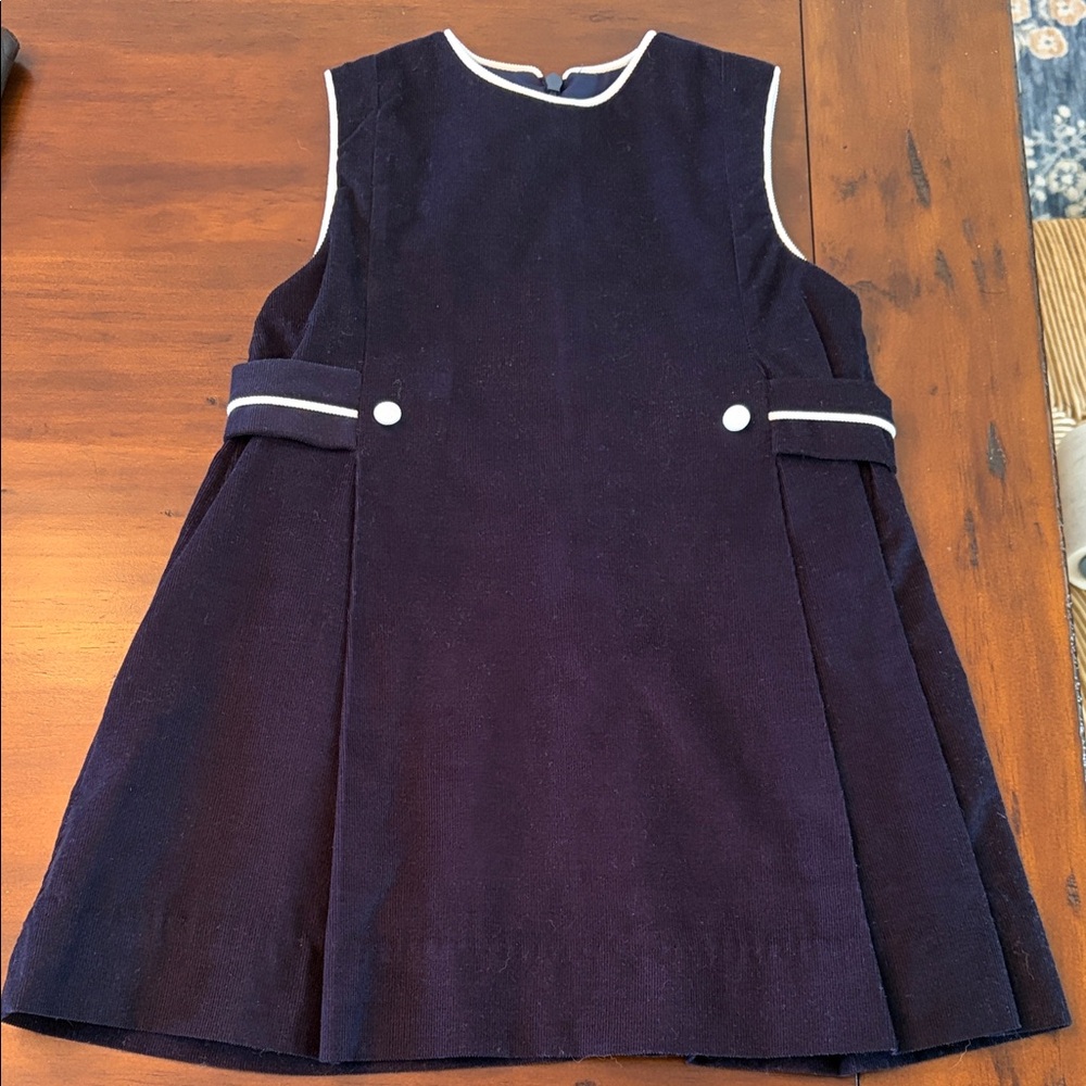 Bella Bliss Navy Blue Corduroy Kids Dress with White Accents